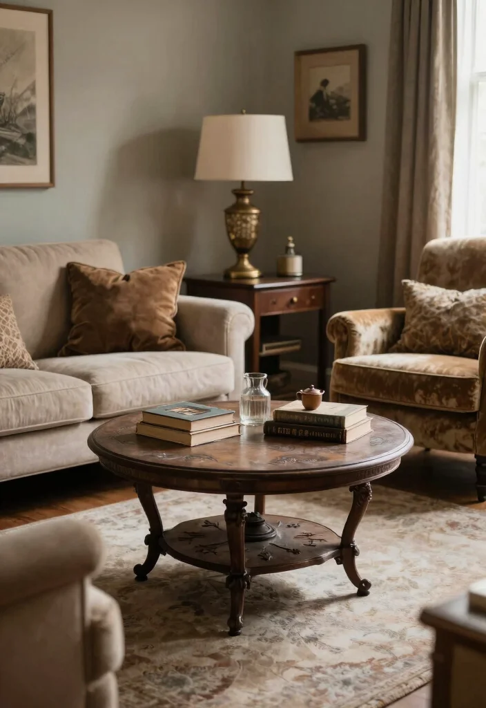 18 Living Room With Round Coffee Table Ideas Flow and Balance - 6. Vintage Charm 1