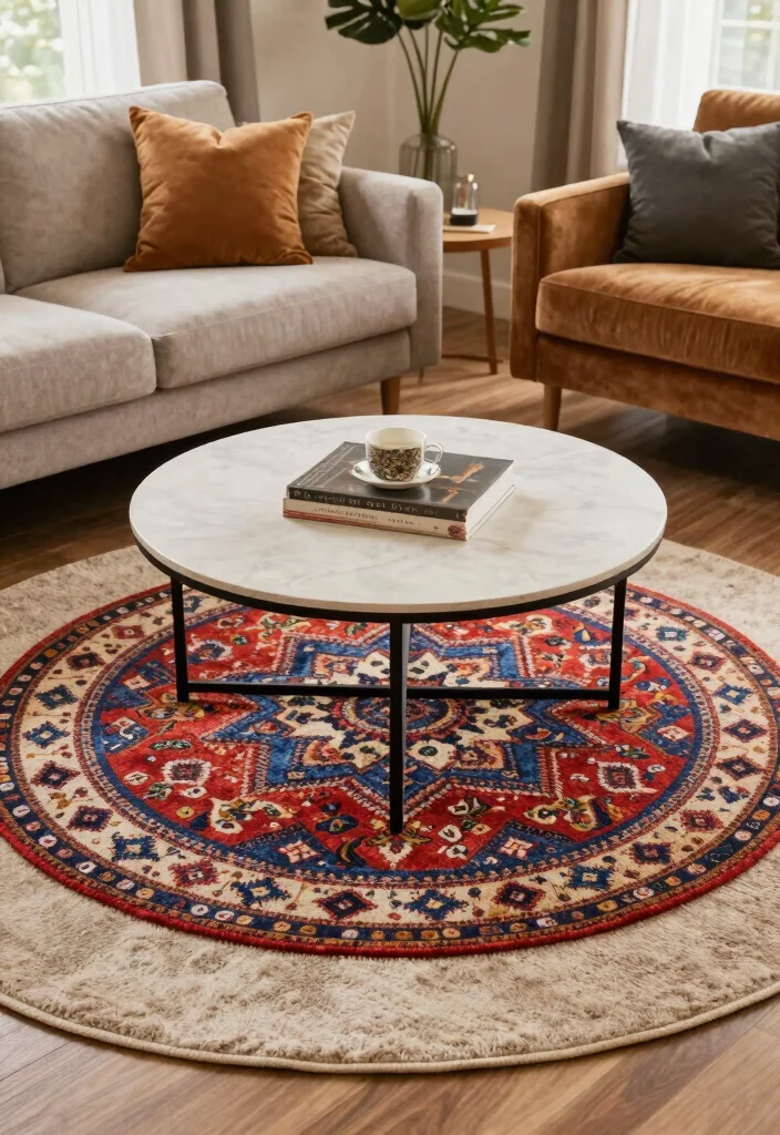 18 Living Room With Round Coffee Table Ideas Flow and Balance - 9. Layering with Rugs 1
