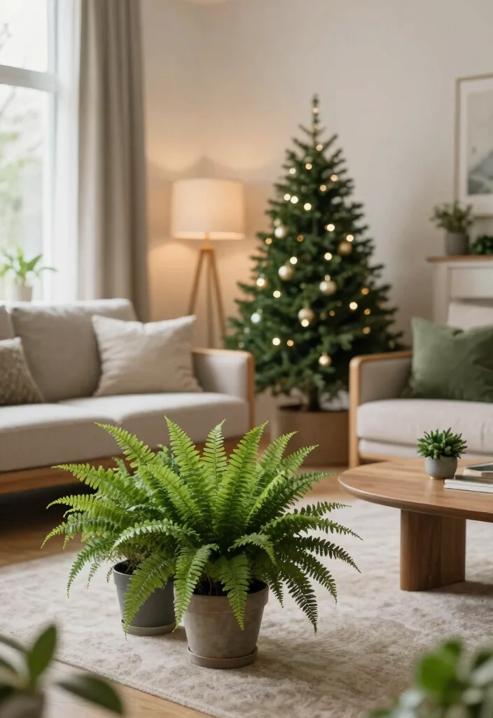 18 Living Room Xmas Decor Ideas Cozy Festive Magic - 12. Fern and Greenery Accents 1