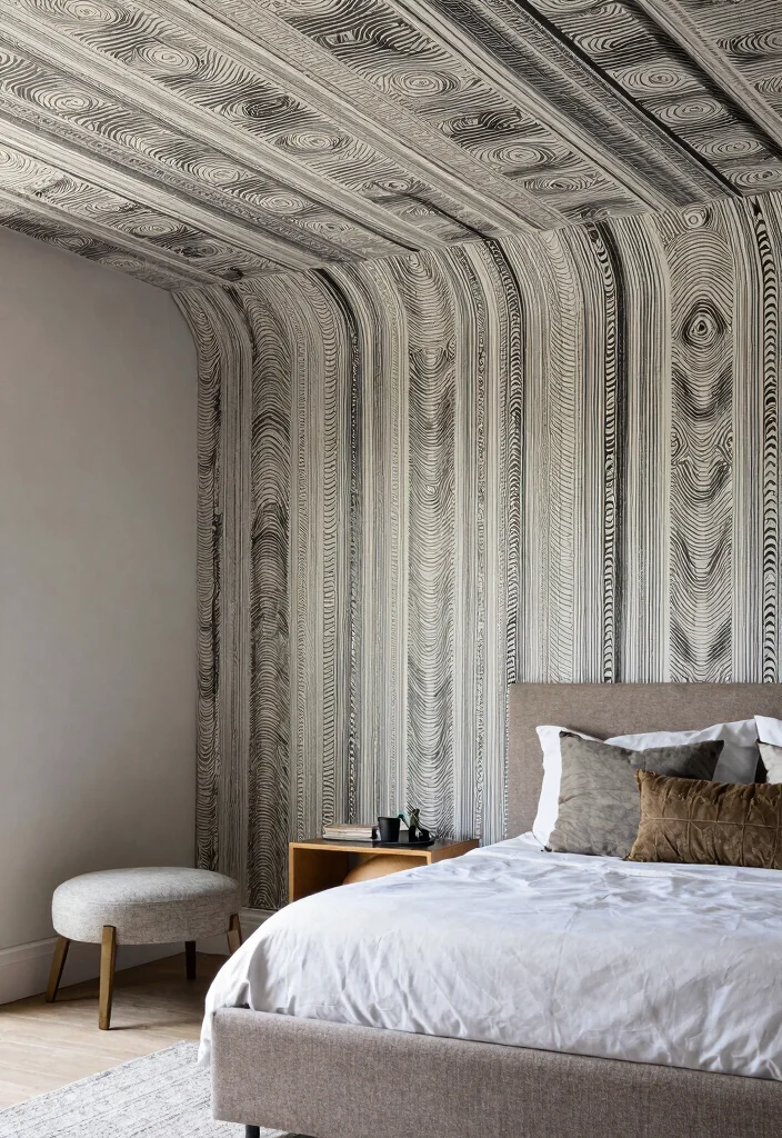 18 PVC Ceiling Design Bedroom Ideas for Modern Affordable Style - 15. PVC Ceiling with Patterned Wall Panels 1