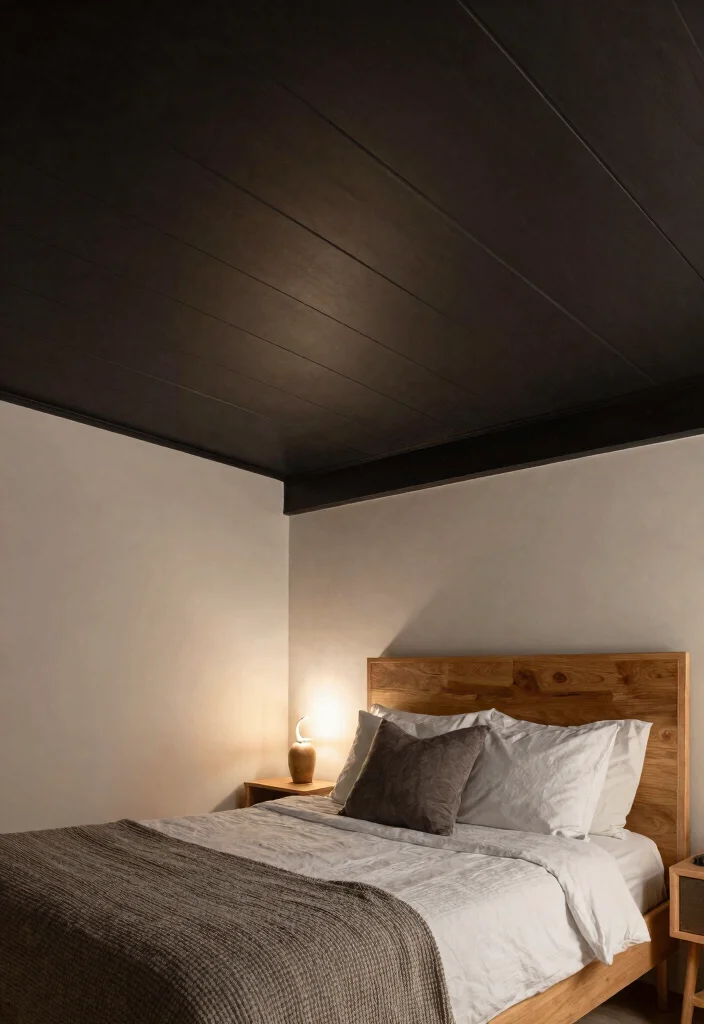 18 PVC Ceiling Design Bedroom Ideas for Modern Affordable Style - 17. PVC Ceiling in Dark Colors for Cozy Ambiance 1