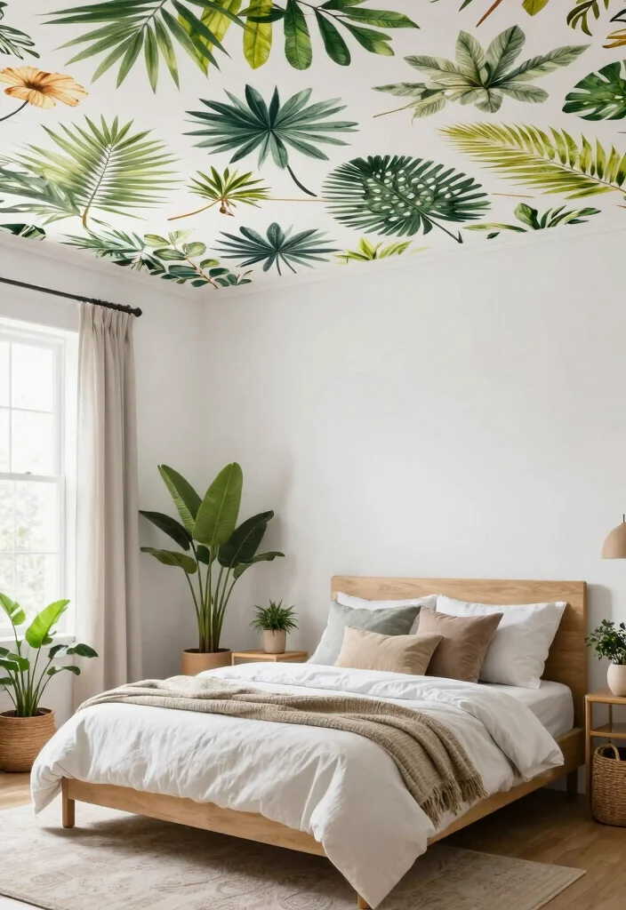 18 PVC Ceiling Design Bedroom Ideas for Modern Affordable Style - 18. PVC Ceiling Design with Botanical Prints 1