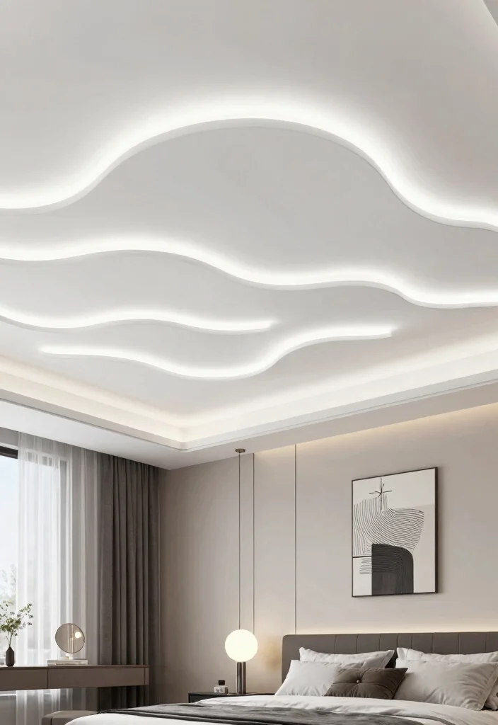 18 PVC Ceiling Design Bedroom Ideas for Modern Affordable Style - 3. Dimensional Wave Design for Modern Flair 1