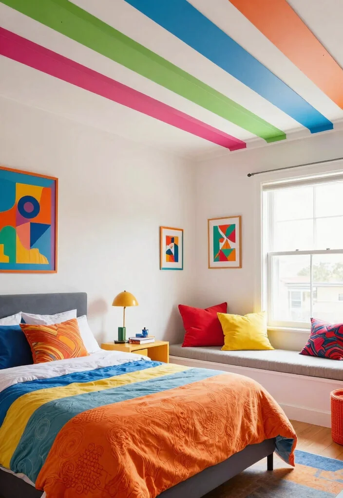 18 PVC Ceiling Design Bedroom Ideas for Modern Affordable Style - 5. Colorful PVC Ceiling Strips for a Fun Vibe 1