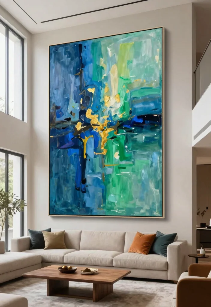 18 Two Story Living Room Wall Decor Ideas for Grand Scale Impact - 1. Oversized Abstract Art Pieces 1