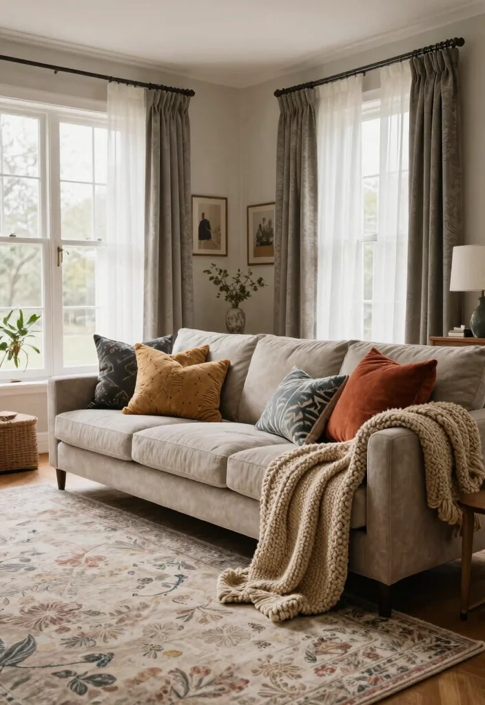 18 Two Story Living Room Wall Decor Ideas for Grand Scale Impact - 11. Layered Textiles 1