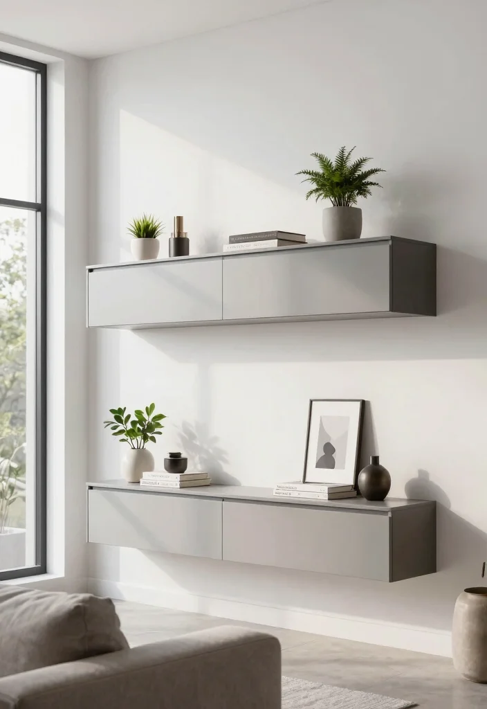 18 Two Story Living Room Wall Decor Ideas for Grand Scale Impact - 14. Minimalist Floating Consoles 1