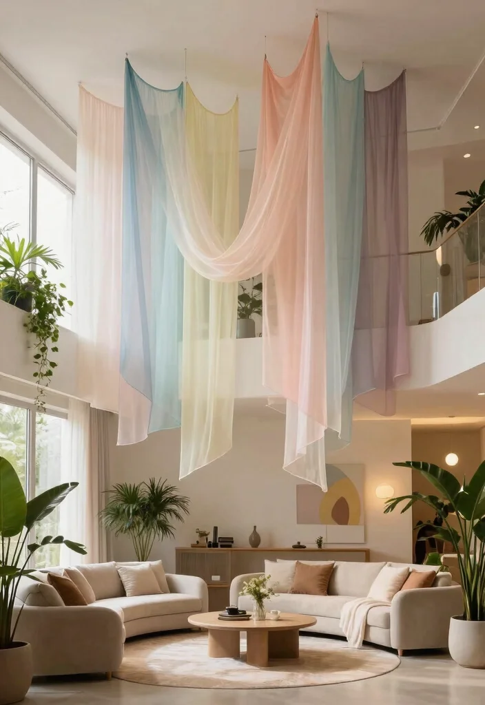 18 Two Story Living Room Wall Decor Ideas for Grand Scale Impact - 16. Ethereal Fabric Hangings 1
