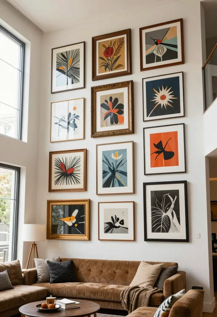 18 Two Story Living Room Wall Decor Ideas for Grand Scale Impact - 17. Unique Wall Art Collectibles 1