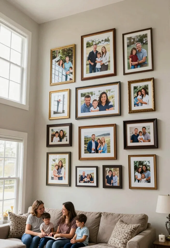 18 Two Story Living Room Wall Decor Ideas for Grand Scale Impact - 18. Personal Touch with Family Photos 1