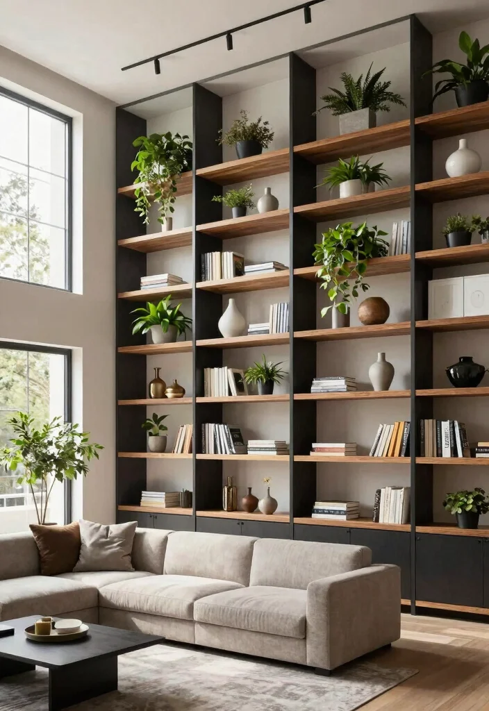 18 Two Story Living Room Wall Decor Ideas for Grand Scale Impact - 2. Statement Shelving Units 1