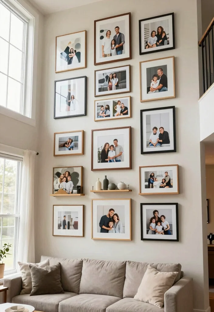 18 Two Story Living Room Wall Decor Ideas for Grand Scale Impact - 4. Gallery Walls with Personal Touch 1