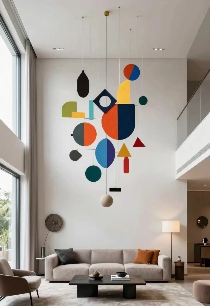 18 Two Story Living Room Wall Decor Ideas for Grand Scale Impact - 6. Suspended Art Installations 1