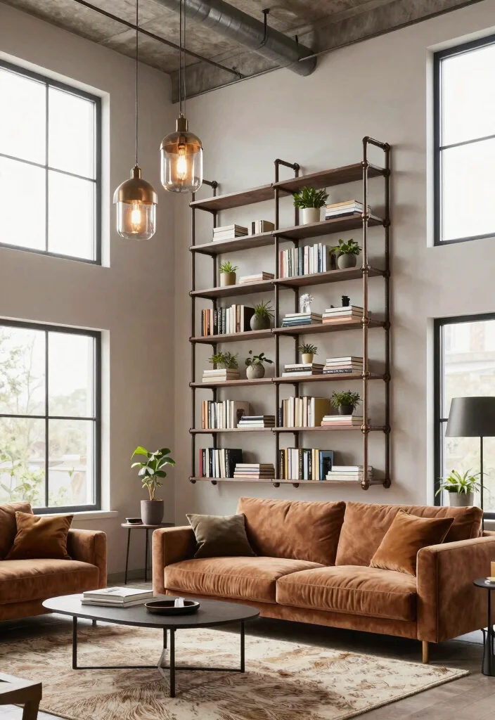 18 Two Story Living Room Wall Decor Ideas for Grand Scale Impact - 7. Industrial Pipe Decor 1