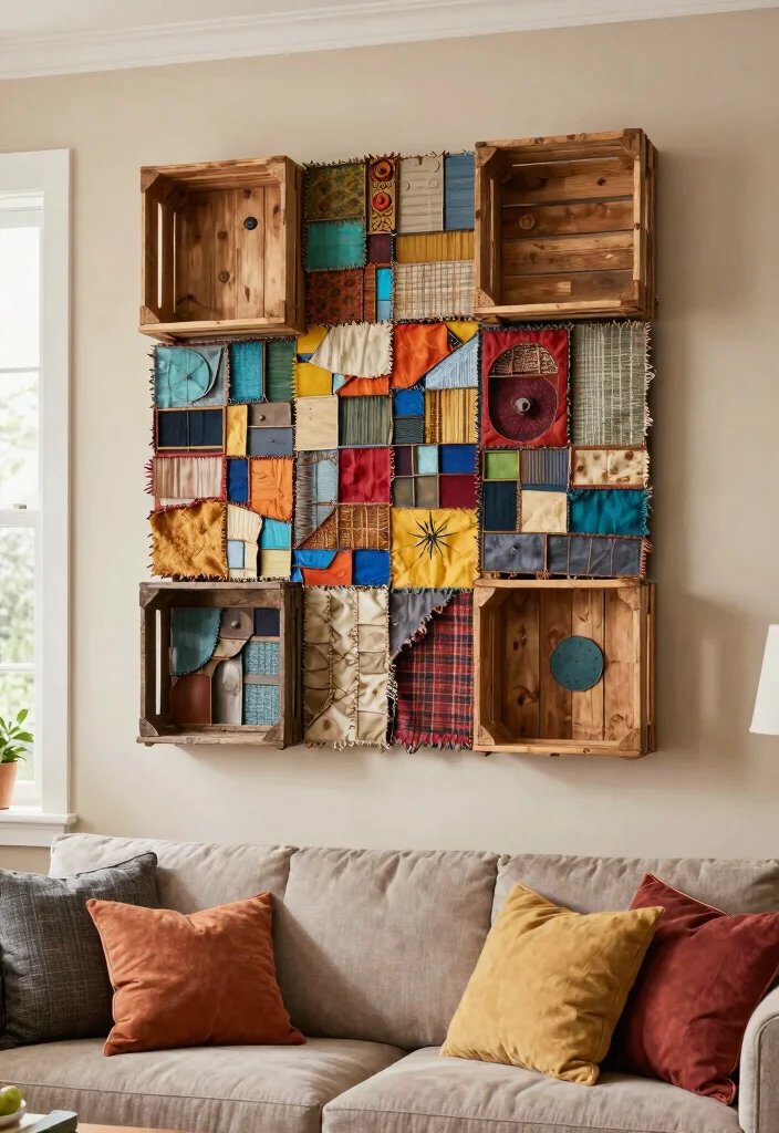 18 Wall Ideas for Living Room That Transform the Space - 6. Upcycled Material Wall Art 1