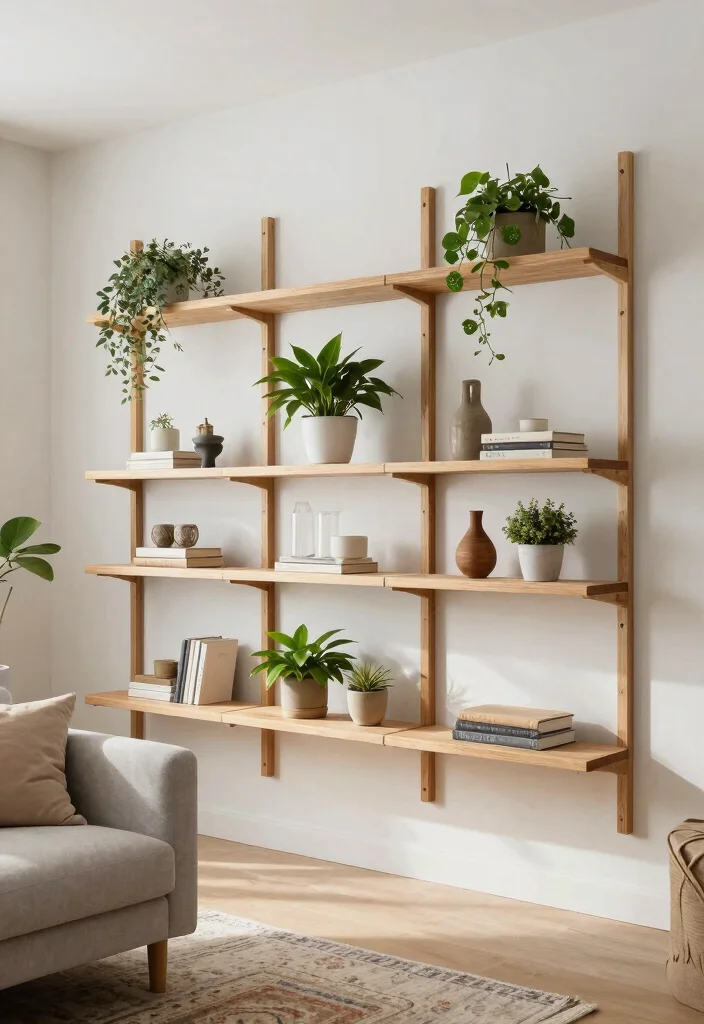 18 Wall Ideas for Living Room That Transform the Space - 7. Minimalist Shelving with Natural Woods 1