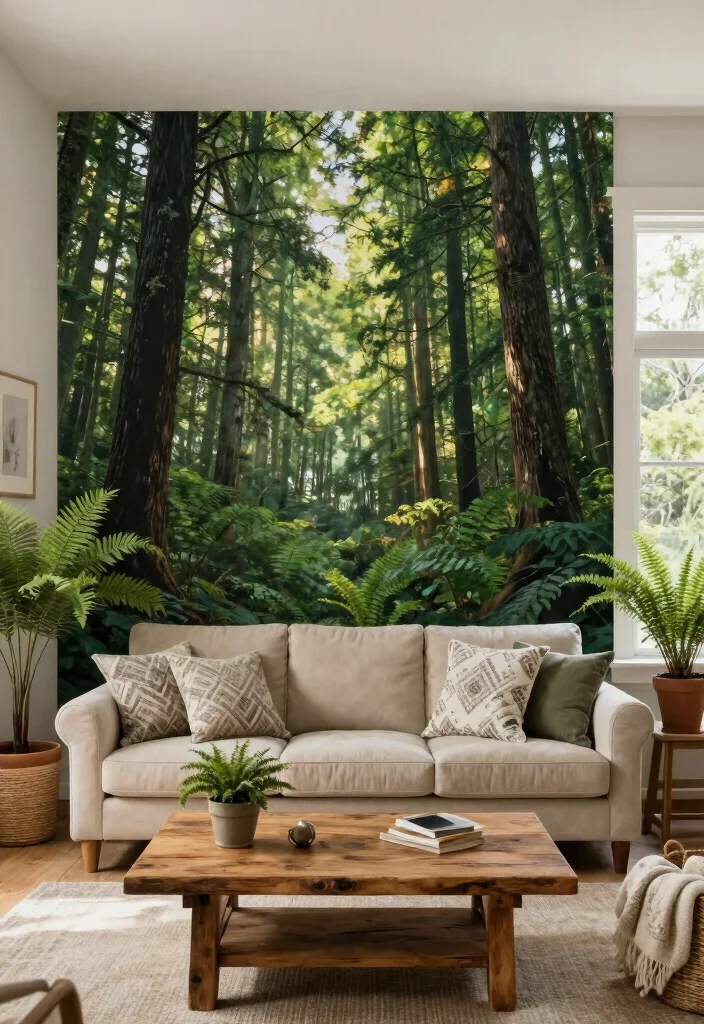 18 Wallpaper Accent Wall Living Room Ideas for a Bold Visual Focus - 1. Forest-Inspired Murals 1