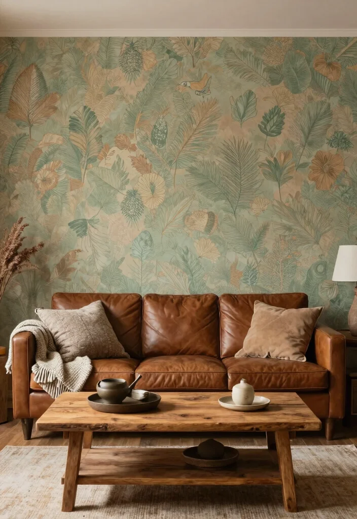 18 Wallpaper Accent Wall Living Room Ideas for a Bold Visual Focus - 11. Earthy Tones and Textures 1