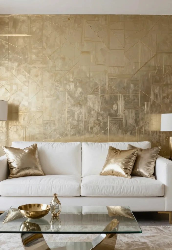 18 Wallpaper Accent Wall Living Room Ideas for a Bold Visual Focus - 12. Metallic Accents 1