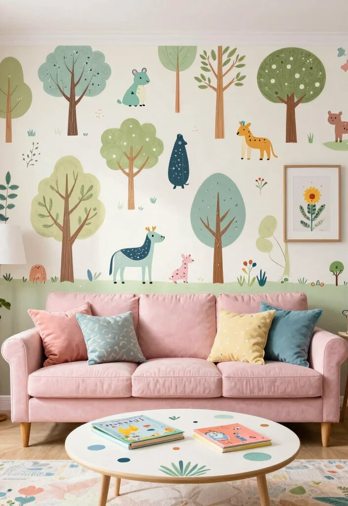 18 Wallpaper Accent Wall Living Room Ideas for a Bold Visual Focus - 7. Whimsical Patterns 1