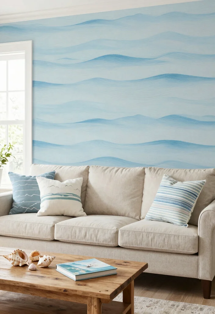18 Wallpaper Accent Wall Living Room Ideas for a Bold Visual Focus - 9. Coastal Chic 1