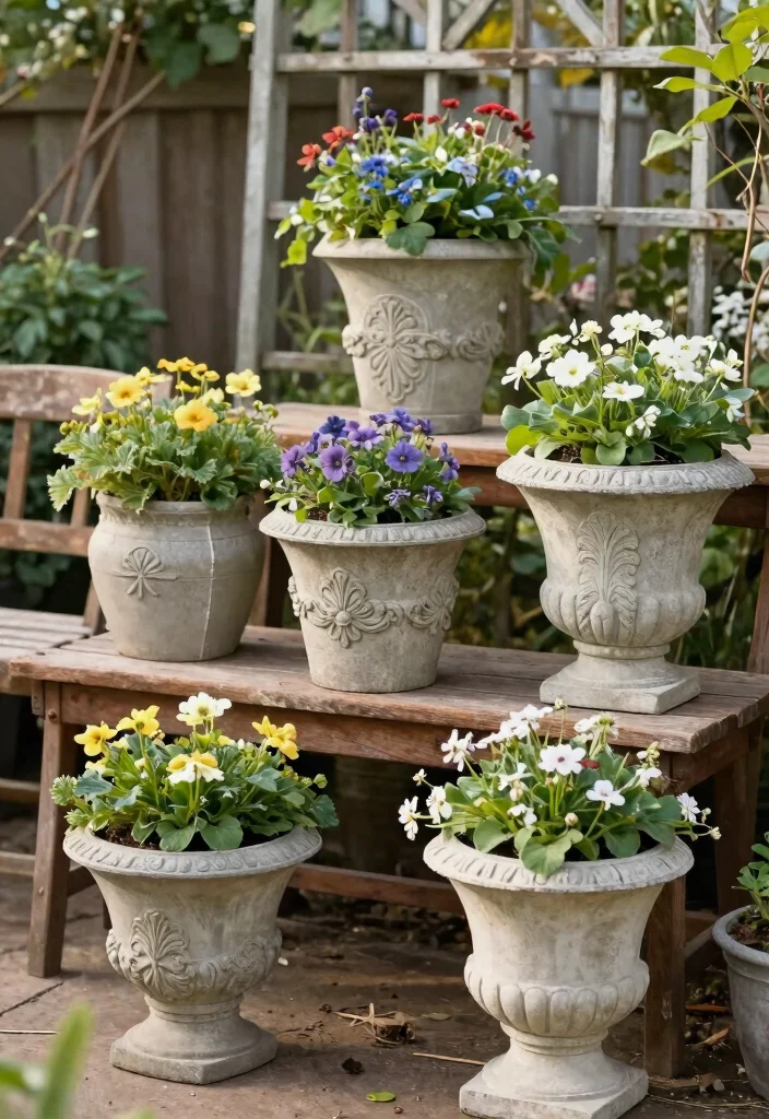12 Concrete Planter Boxes That Don't Crack in Winter Freeze - 6. Vintage-Style Concrete Planters 1