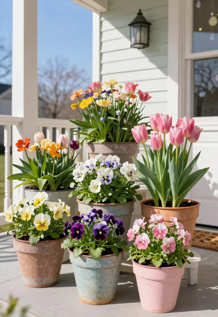 12 Easter Porch Decor Ideas That Survive Wind and Rain - 4. Potted Flower Arrangements 1