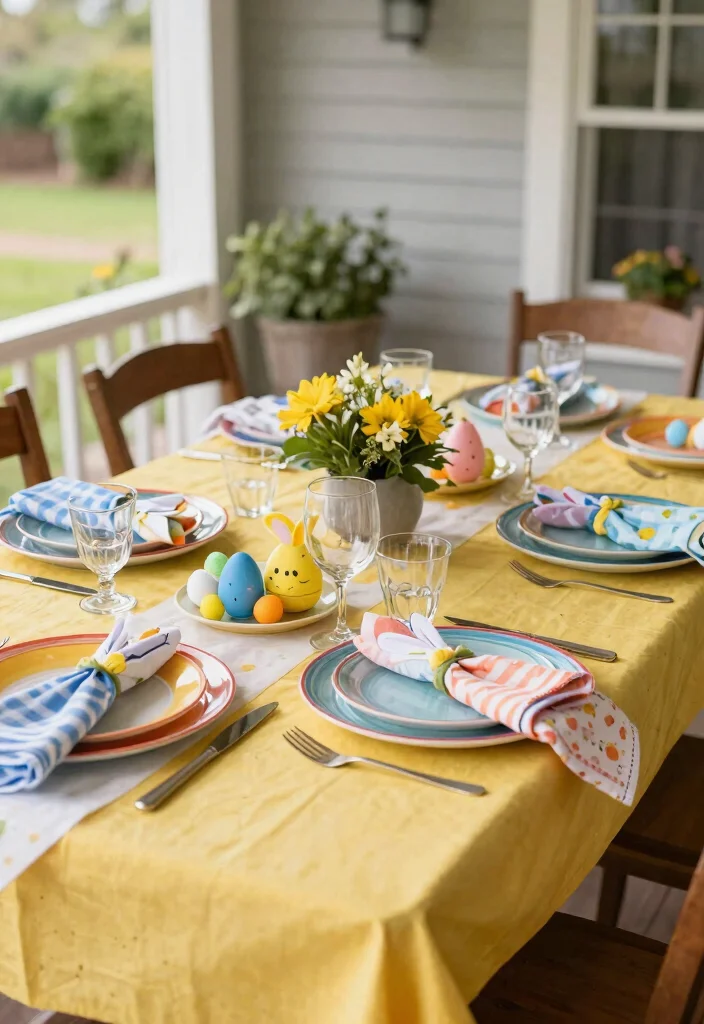 12 Easter Porch Decor Ideas That Survive Wind and Rain - 8. Colorful Table Settings 1