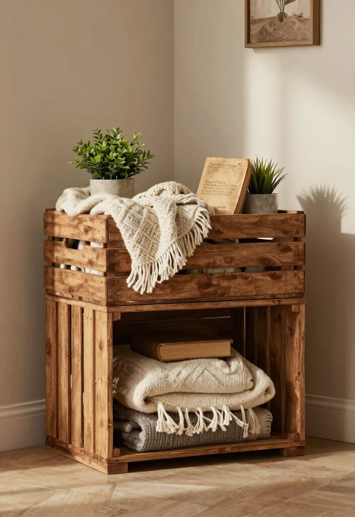 12 Farmhouse TV Stand Decor Ideas That Hide Ugly Cords - 1. Rustic Wooden Crates for Storage 1