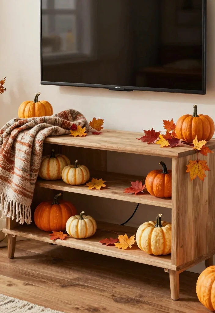 12 Farmhouse TV Stand Decor Ideas That Hide Ugly Cords - 11. Seasonal Decor Changes 1