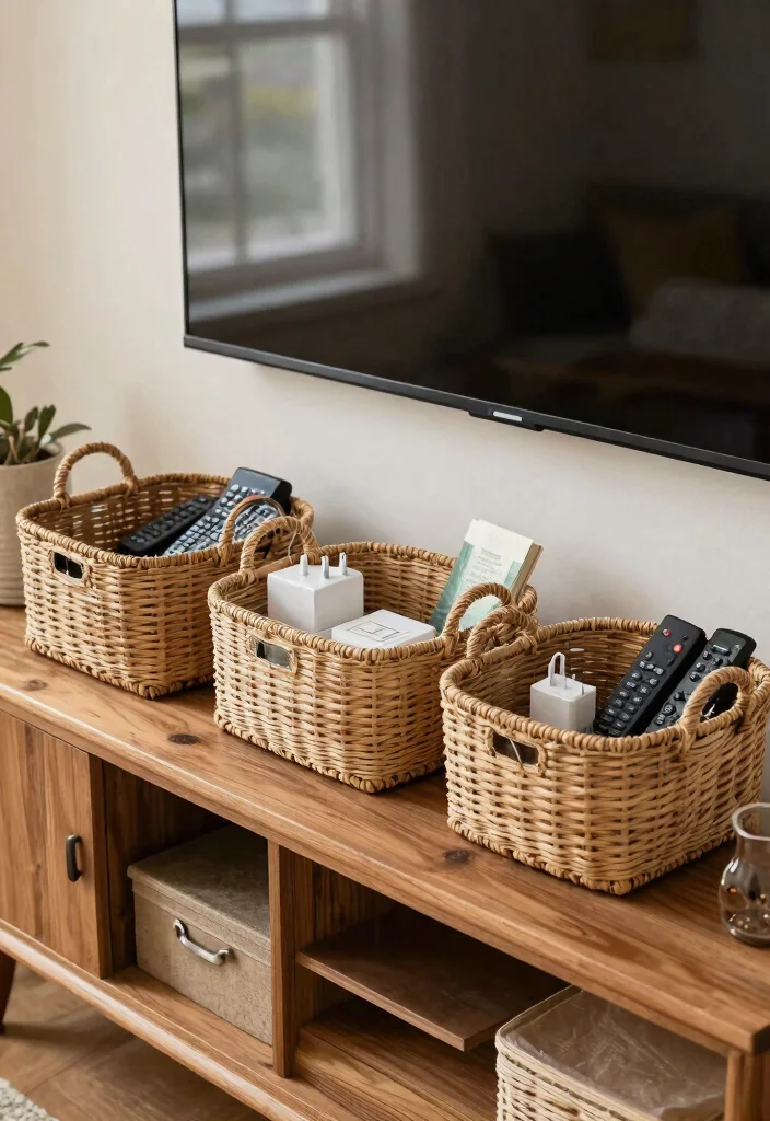 12 Farmhouse TV Stand Decor Ideas That Hide Ugly Cords - 2. Woven Baskets for Cord Management 1