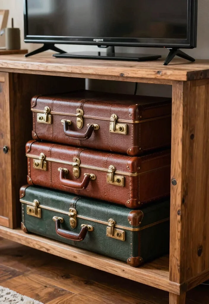 12 Farmhouse TV Stand Decor Ideas That Hide Ugly Cords - 4. Vintage Suitcases as Decor 1