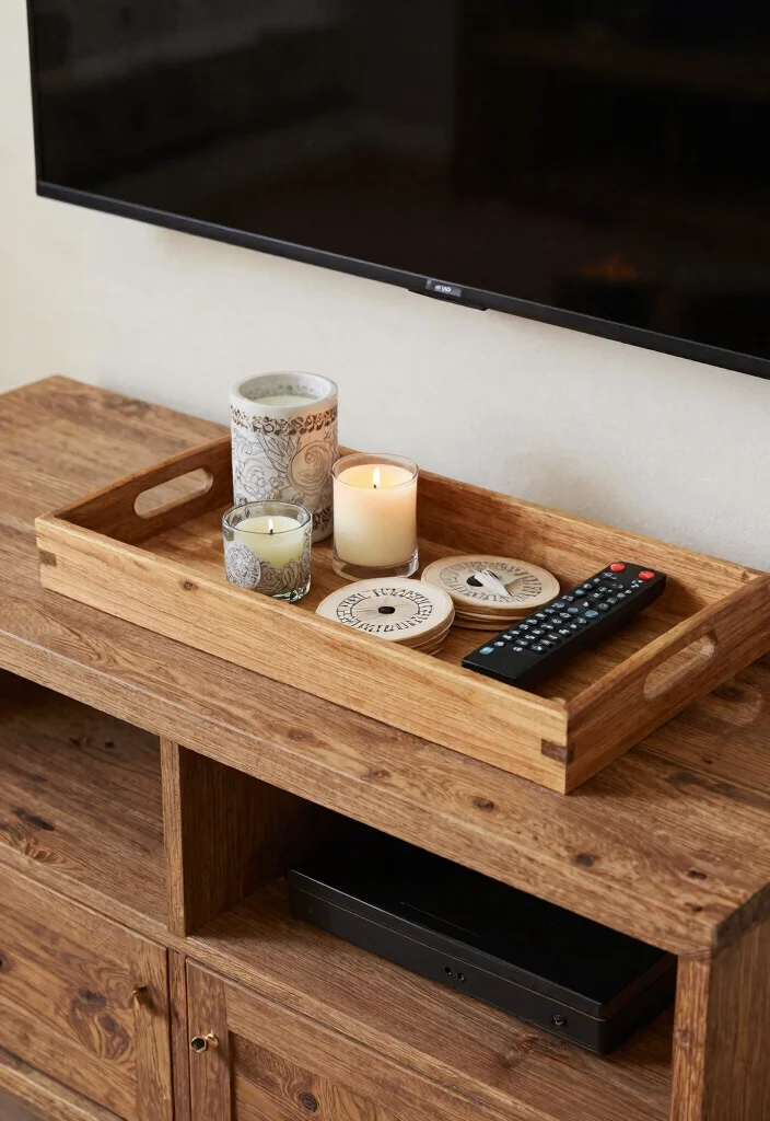 12 Farmhouse TV Stand Decor Ideas That Hide Ugly Cords - 5. Decorative Trays for Small Items 1