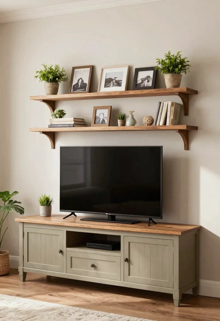 12 Farmhouse TV Stand Decor Ideas That Hide Ugly Cords - 6. Floating Shelves for Display 1