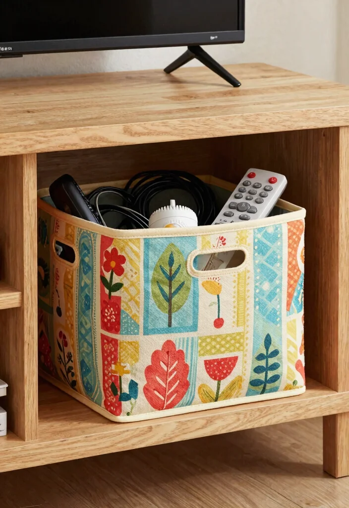12 Farmhouse TV Stand Decor Ideas That Hide Ugly Cords - 7. Fabric Storage Bins 1