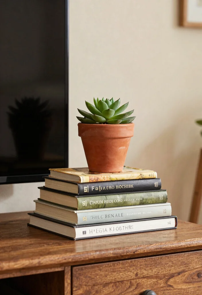 12 Farmhouse TV Stand Decor Ideas That Hide Ugly Cords - 8. Decorative Books for Styling 1