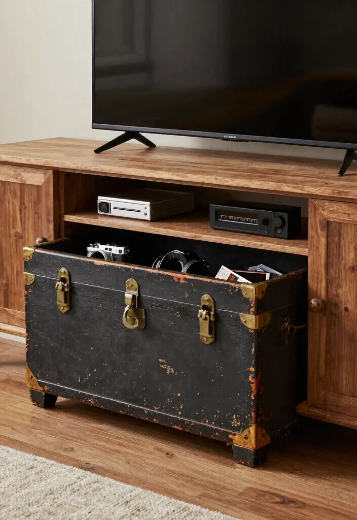 12 Farmhouse TV Stand Decor Ideas That Hide Ugly Cords - 9. Repurposed Furniture as Storage 1