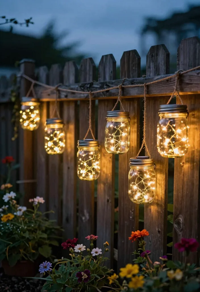 12 Fence Lighting Ideas That Install Without Drilling or Wiring - 3. Vintage Mason Jar Lights 1