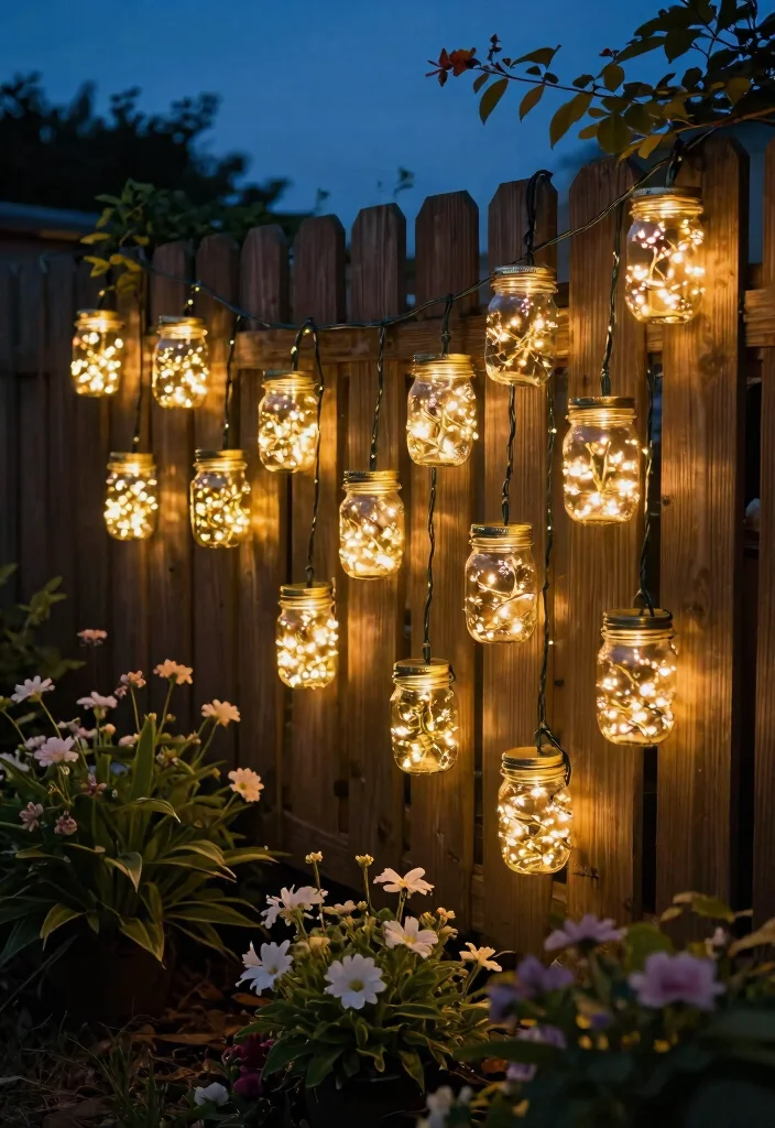 12 Fence Lighting Ideas That Install Without Drilling or Wiring - 7. String Lights with Mason Jars 1