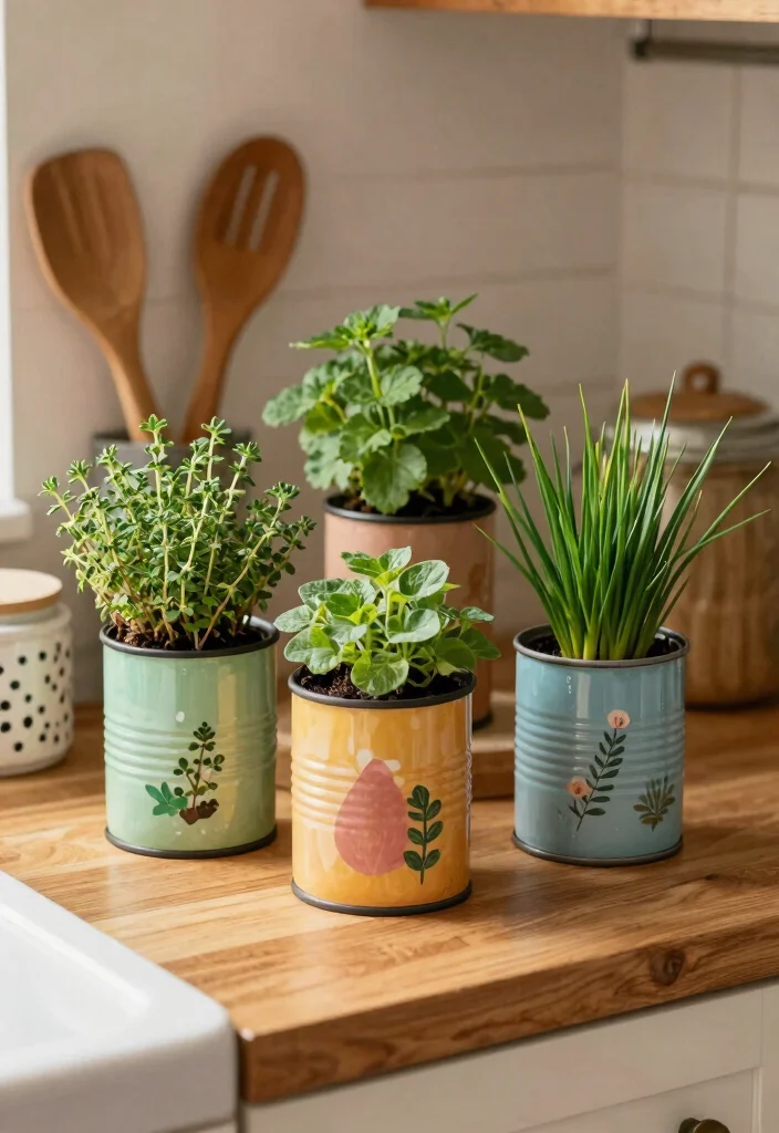 12 Herb Planter Suggestions Indoor That Fit on Tiny Kitchen Counters - 6. Recycled Cans as Herb Planters 1