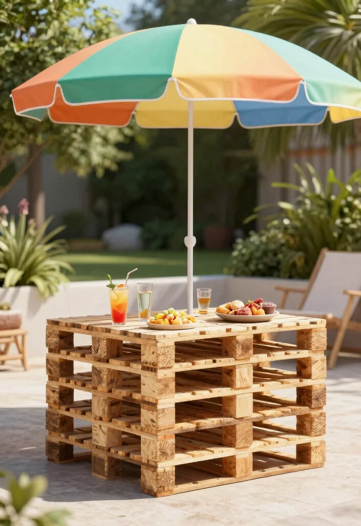 12 Pallet Table Outdoor Ideas That Hold Up Through Rain - 10. Pallet Side Table with Umbrella Stand 1
