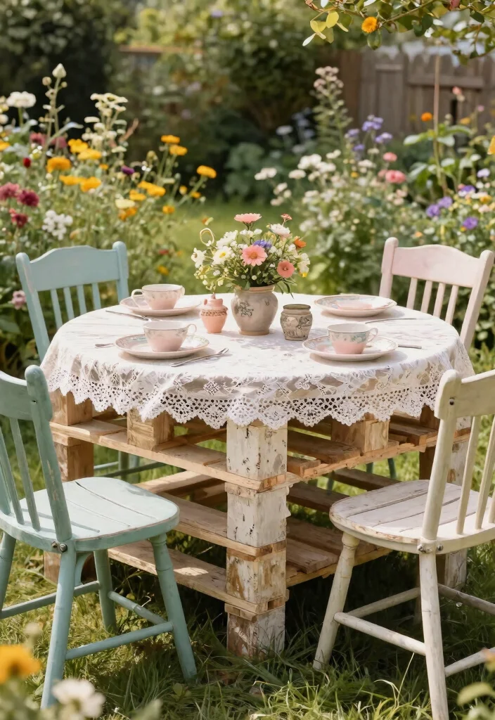 12 Pallet Table Outdoor Ideas That Hold Up Through Rain - 6. Vintage Style Pallet Table 1
