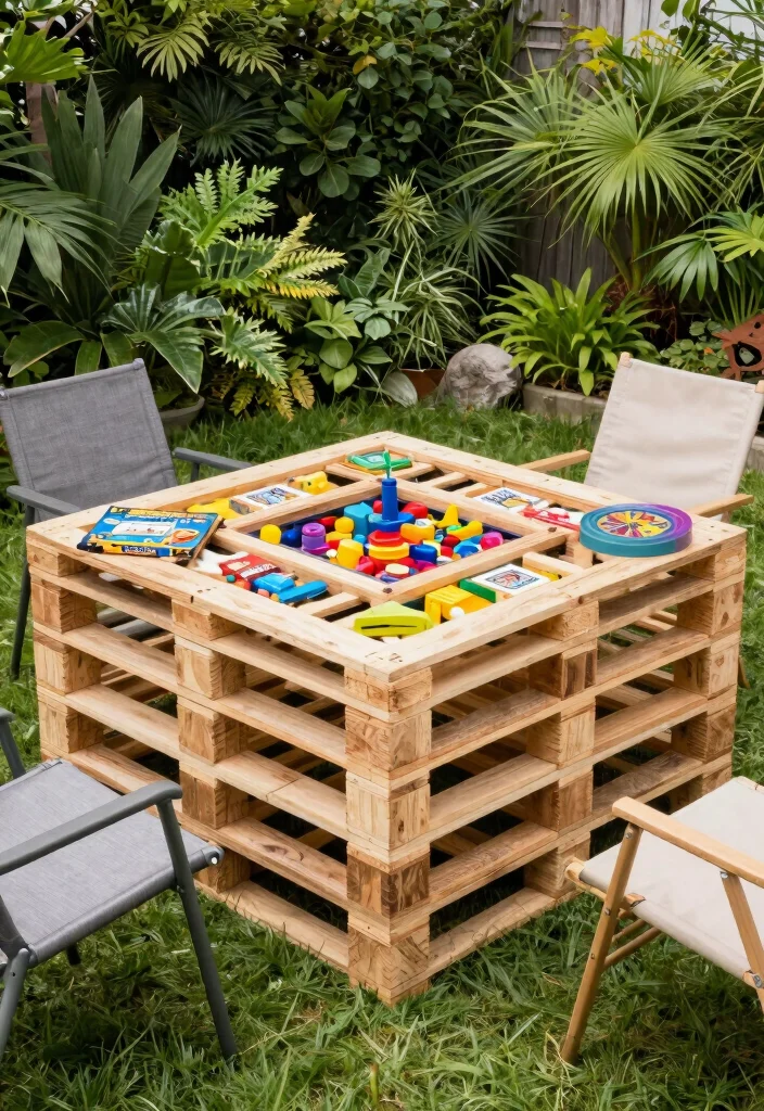 12 Pallet Table Outdoor Ideas That Hold Up Through Rain - 9. Game Table with Built-In Storage 1