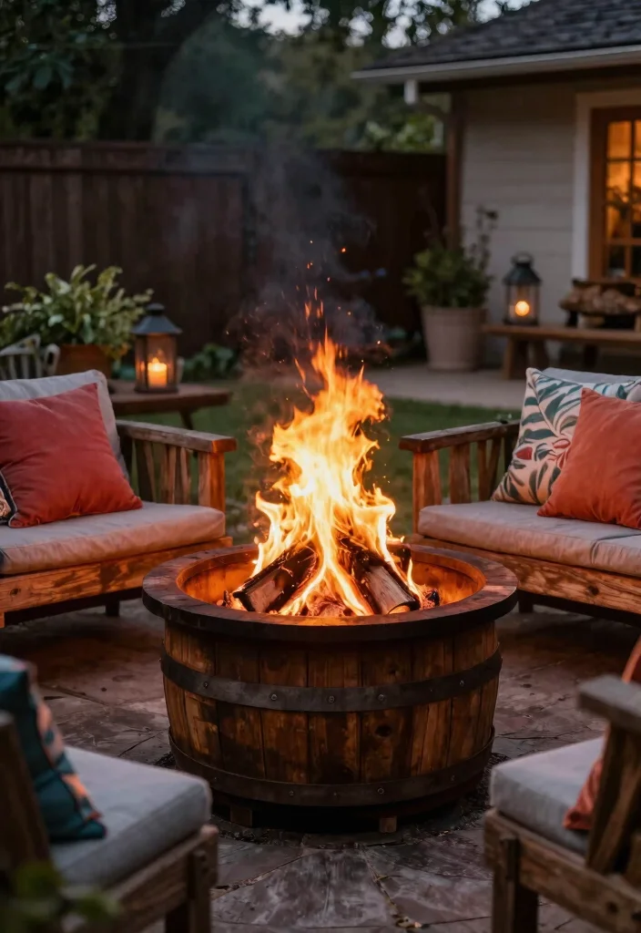 12 Rustic Backyard Fire Pit Ideas That Look High-End on a Budget - 12. Wooden Barrel Fire Pit 1