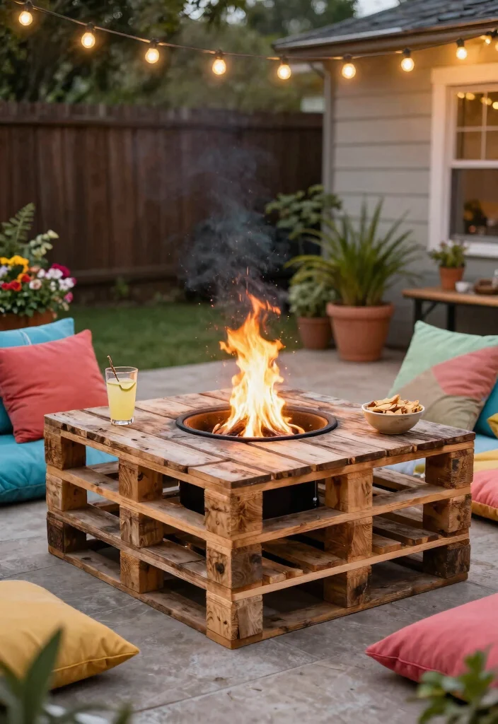12 Rustic Backyard Fire Pit Ideas That Look High-End on a Budget - 2. Upcycled Pallet Fire Pit Table 1