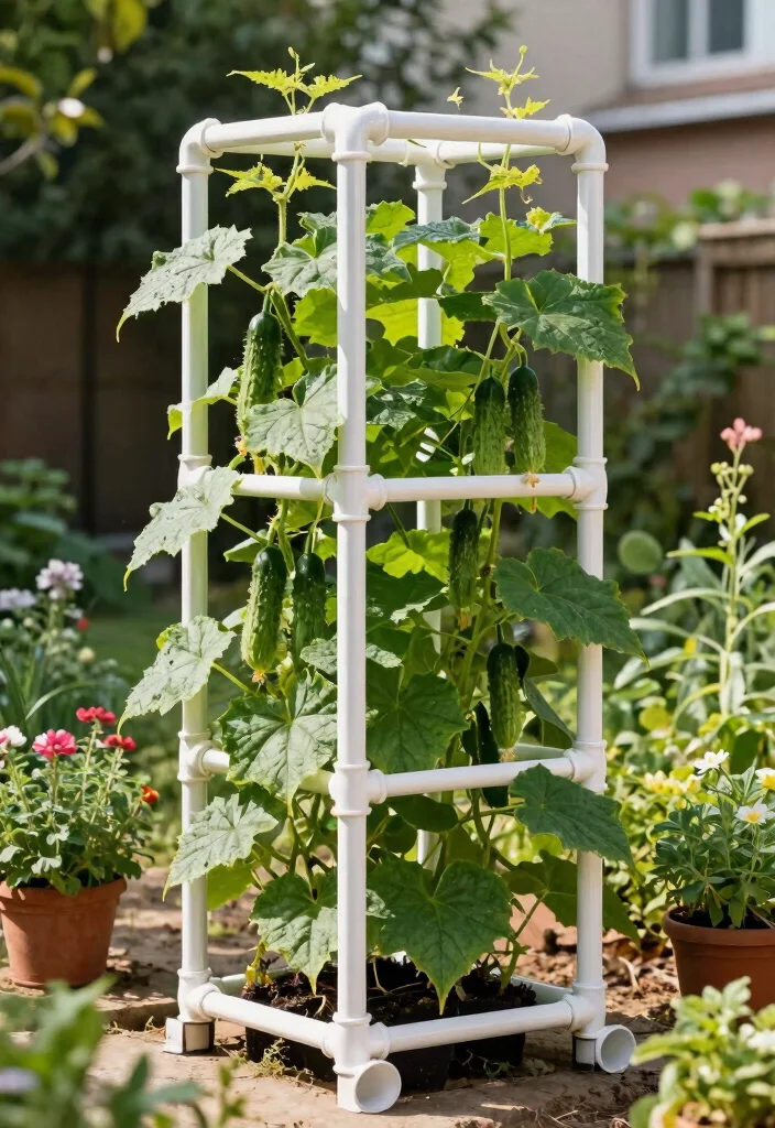 12 Trellis Ideas for Cucumbers That Support Heavy Vines and Keep Fruit Off the Ground - 5. PVC Pipe Trellis for Budget-Friendly Gardening 1