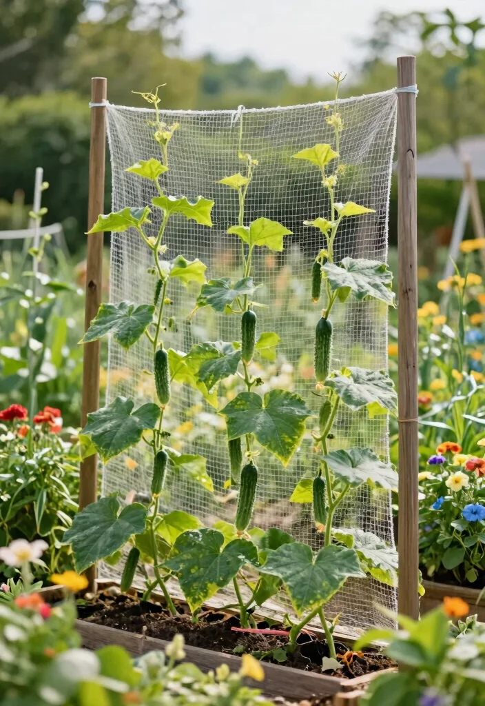 12 Trellis Ideas for Cucumbers That Support Heavy Vines and Keep Fruit Off the Ground - 7. Netting Trellis for Lightweight Support 1