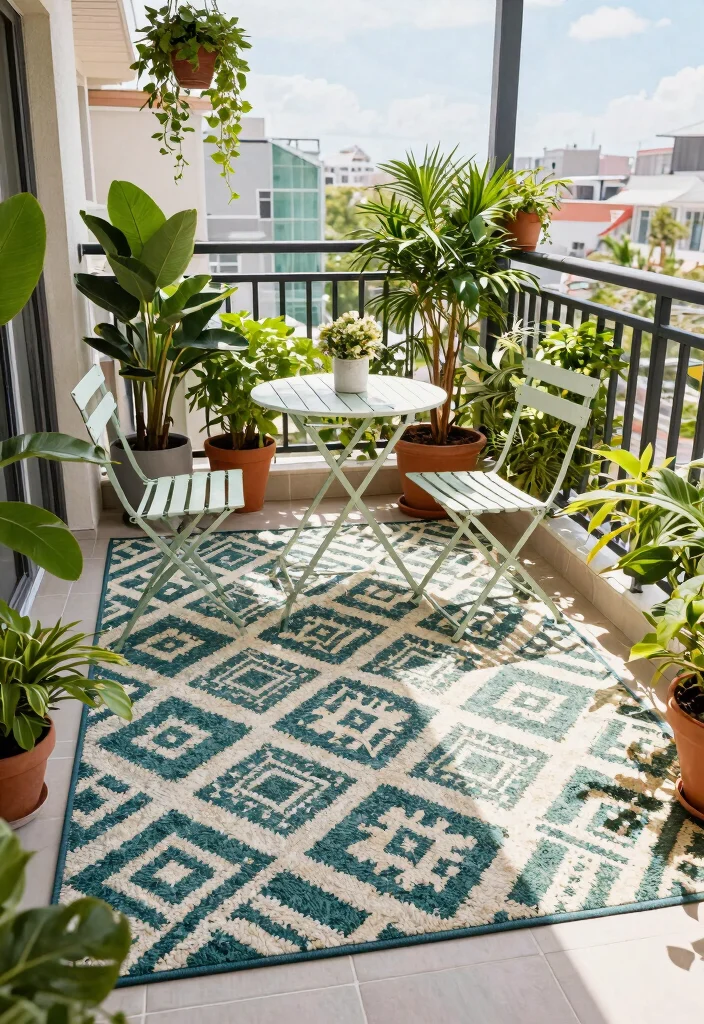14 Balcony Furniture Ideas for Small Spaces That Fold or Stack - 7. Weather-Resistant Outdoor Rugs for Comfort 1