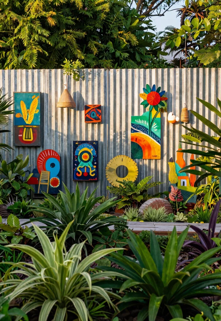 14 Corrugated Metal Fence Ideas That Block Noise and Nosy Neighbors - 13. Outdoor Art Installations 1