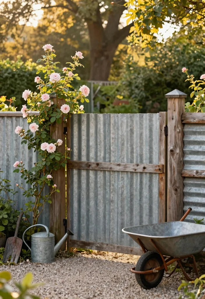14 Corrugated Metal Fence Ideas That Block Noise and Nosy Neighbors - 2. Rustic Farmhouse Vibes 1